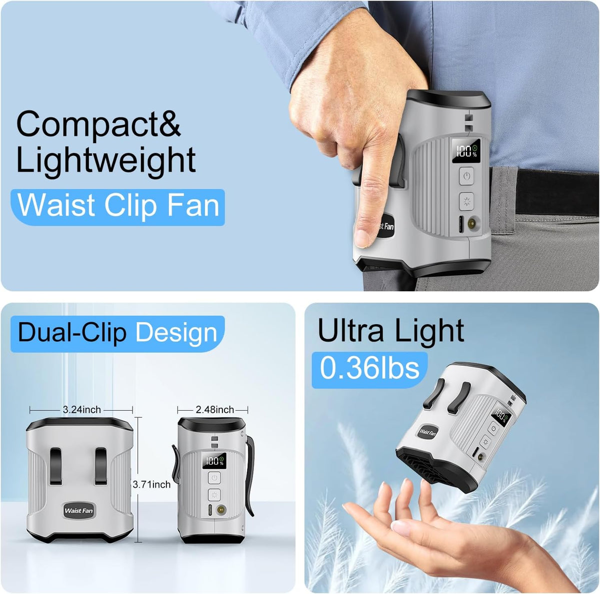 dalicode Portable Waist Fan Clip on Belt Personal Fan, 3-Speed Rechargeable with 24H Battery, Hands-Free Hanging Neck Fan, Wearable Shirt Cooling Fans for Camping, Outdoor, Jobsite