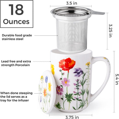 AmorArc Porcelain Tea Mug with Infuser and Lids, 18 Oz Large Cup Strainer with Bag Holder for Loose Leaf Tea, Steeping Coffee Mug for House-warming Wedding Birthday Gift