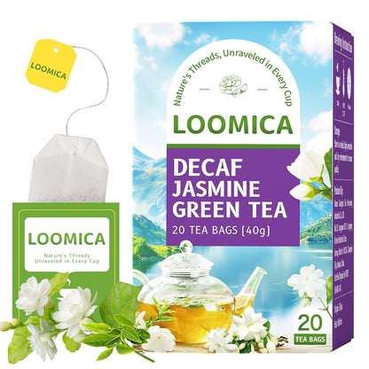 LOOMICA Decaf Jasmine Green Tea Bags, Naturally Decaffeinated, 20 Ct