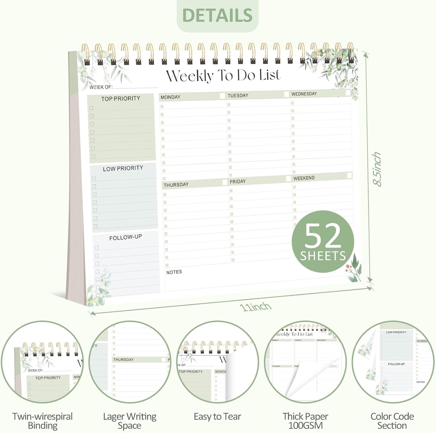Weekly To Do List Notepad, 52 Undated Sheets (8.5"×11"), Undated Weekly Planner for Women & Men, Desk Accessories and Supplies for Office, Home, and School