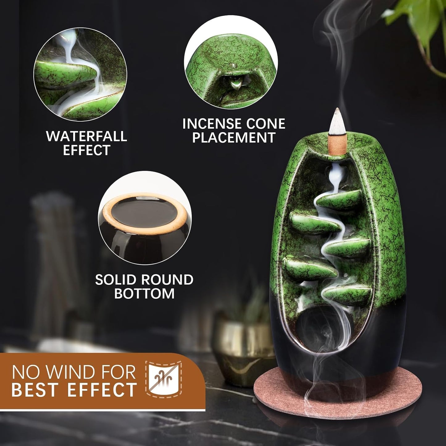 SPACEKEEPER Ceramic Backflow Incense Holder Waterfall Incense Burner, Aromatherapy Ornament Home Decor with 120 Backflow Incense Cones + 30 Incense Stick , Blue Set