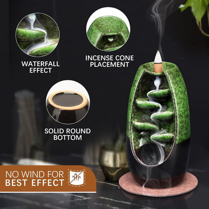 SPACEKEEPER Ceramic Backflow Incense Holder Waterfall Incense Burner, Aromatherapy Ornament Home Decor with 120 Backflow Incense Cones + 30 Incense Stick , Blue Set
