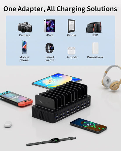 20-Port 270W Charging Station for Multiple Devices, USB Charger Station
