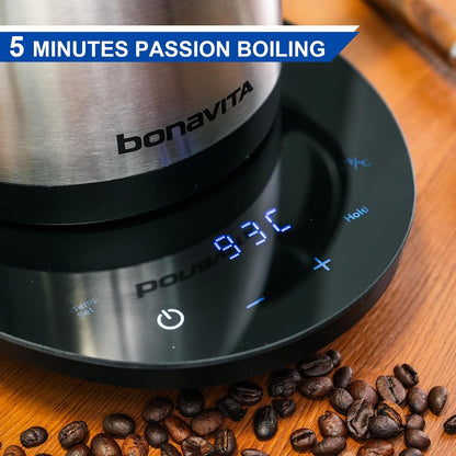 Bonavita 1L Digital Variable Temperature Gooseneck Electric Kettle for Coffee Brew and Tea Precise Pour Control, 6 Preset Temps, Café or Home Use, 1200 Watt, LED Panel, Stainless Steel