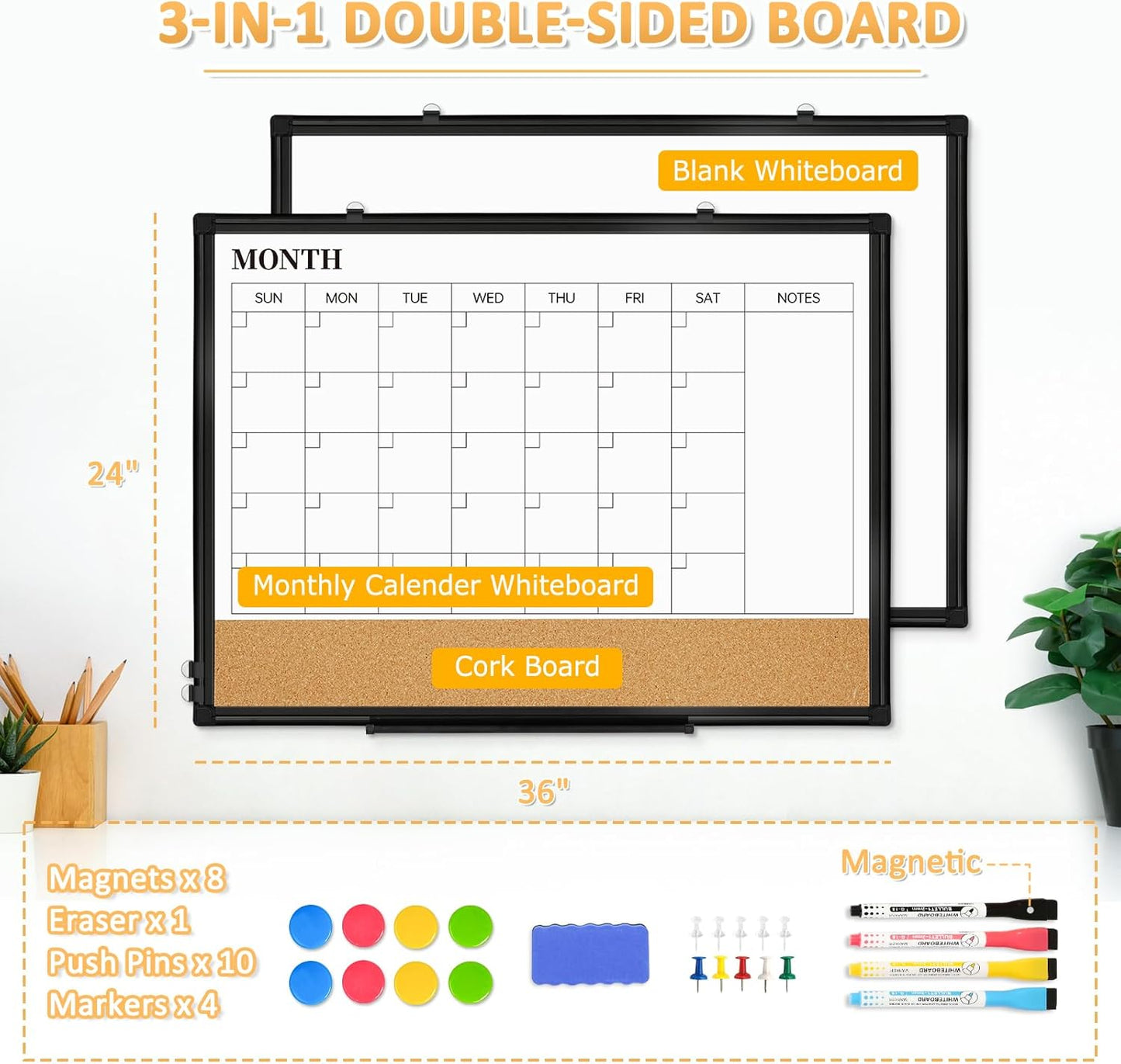 Dry Erase Calendar Whiteboard for Wall, 24"x18" Magnetic Monthly White Board Cork Board Combo, Double Sided, Aluminum Frame, Wall Hanging Wipe Board for Home, Office, School, Dorm