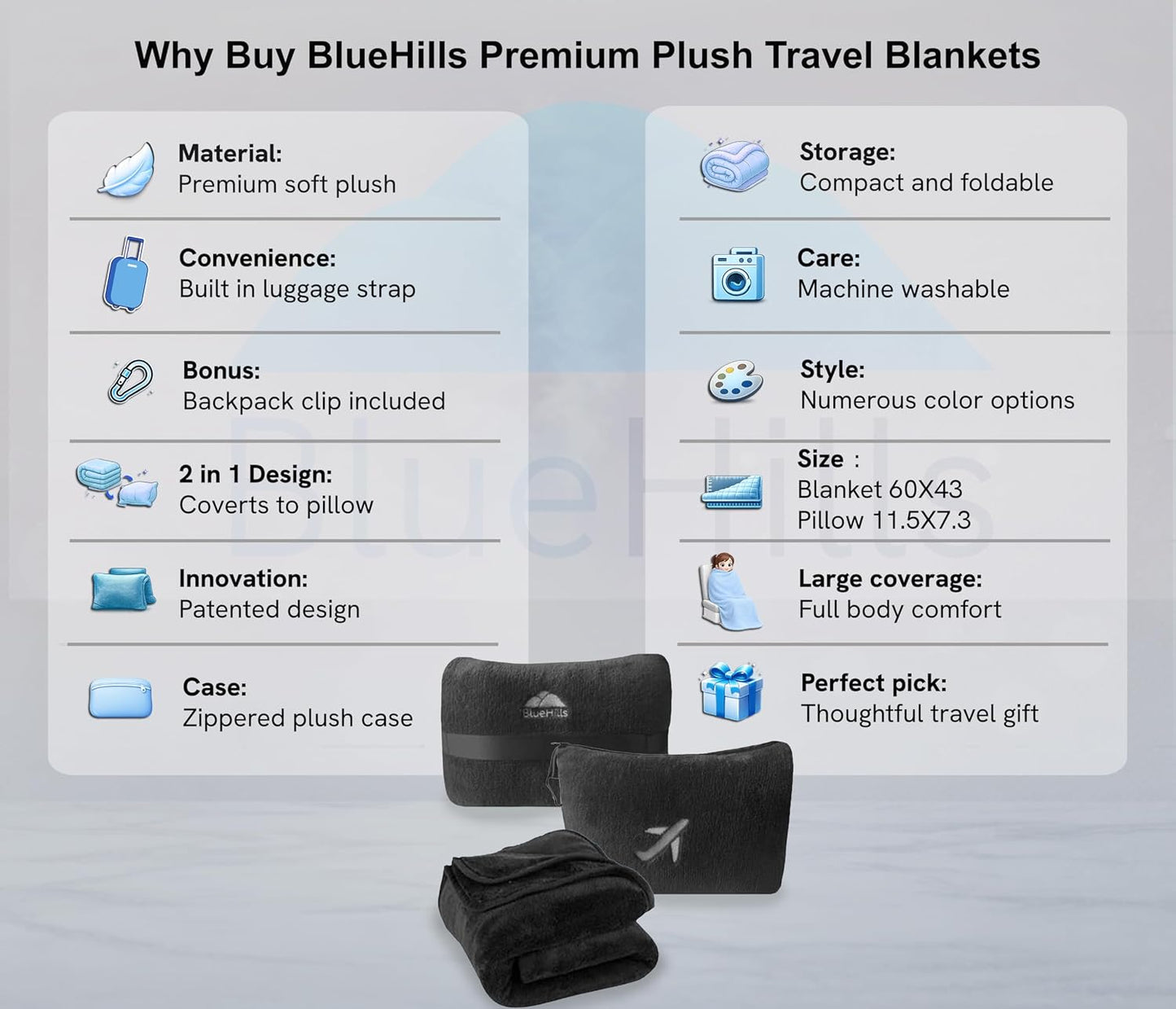 BlueHills Travel Blanket Pillow in Mini Soft Case Premium Plush Airplane Blanket Soft Bag Compact Pack with Luggage Belt and Backpack Clip Small Lightweight Traveling Plane Essentials - Grey Gray M01