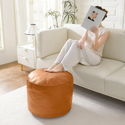HIGOGOGO Round Stuffed Pouf Ottoman, Pu Leather Poufs with Foam Chunk Filling, Furry and Fluffy Pouf Foot Stool Storage Ottoman, 20 X 15 Floor Poufs Foot Rest for Living Room,Dark Brown