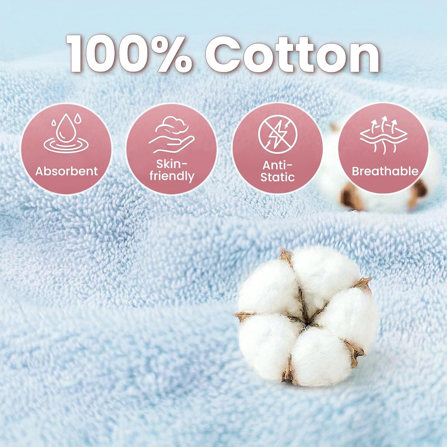 Mandydov 100% Cotton Hair Towel Wrap for Women, 2 Pack Thickened & Super Absorbent Turbans, Anti Frizz Quick Dry Hair Towels (Blue, Pink Blush)