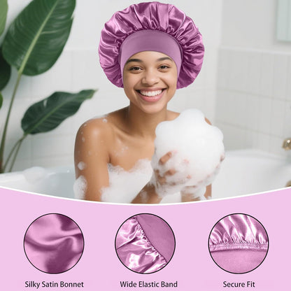 4PCS Silk Satin Bonnets for Black Women & Men - Elastic Wide Band Hair Wrap Cap for Curly Hair - Shower Cap for Sleeping (Black, Peacock Blue, Pink, Khaki)