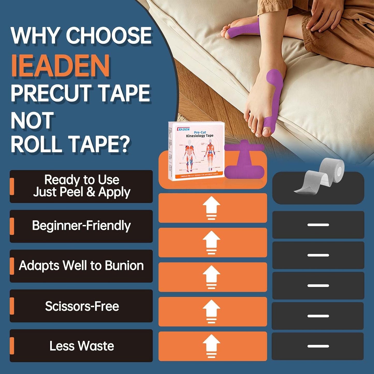 Precut Kinesiology Tape for Bunion, 40 Pcs, Bunion Corrector, Big Toe Support and Pain Relief, Breathable Hypoallergenic Latex-Free Tape (Black)
