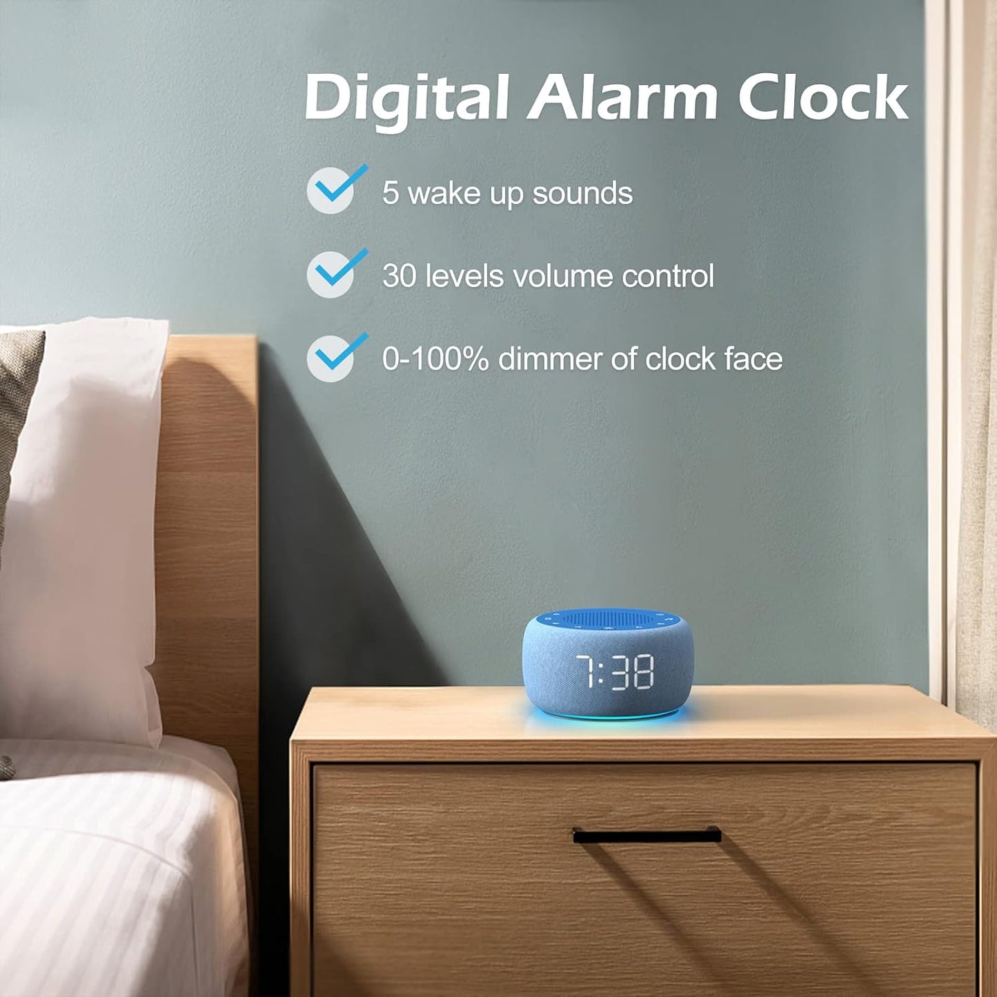 Buffbee Alarm Clock with Sound Machine for Bedrooms – 2-in-1 White Noise Machine for Sleep, Gentle Wake-Up with Soft Alarm Sounds, Ambient Night Light, Plug-in, Sleep Better, Wake Gently