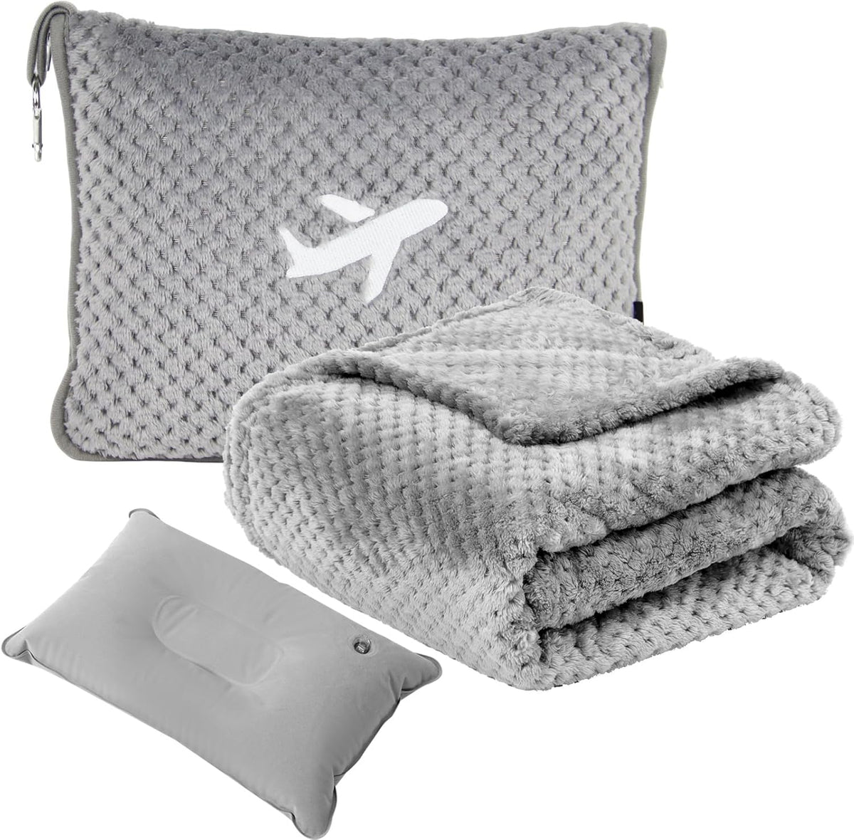 Travel Blanket Airplane Compact with Bag, Travel Essentials 3 in 1 Packable Airplane Blanket, Travel Pillow and Blanket Set, Inflatable Pillow, Luggage Sleeve & Backpack Clip (Light Grey)