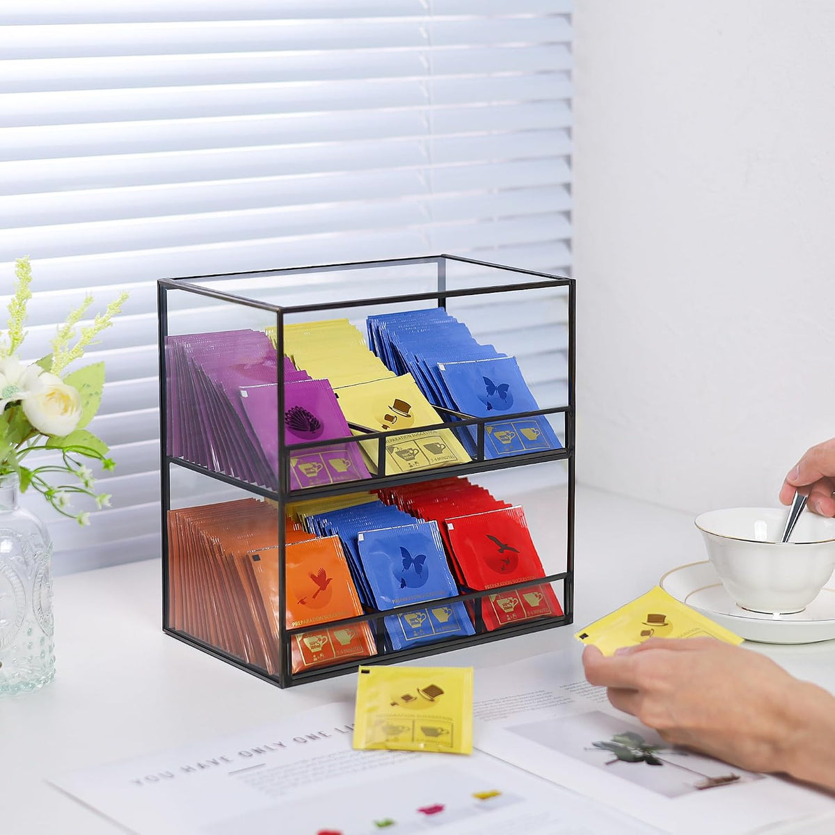 REDHUGO Glass Tea Bag Organizer for Counter, 2-Tier Teabag Organizer Storage Holder for Tea Bags, Glass Caddy Box Containers, Rack Teabag Station Stand for Cabinet Kitchen, 2-Tier, Gold