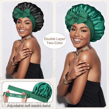 Satin Bonnet for Sleeping Cap Double Layer Hair Bonnet with Elastic Tie Band for Curly Hair Night Cap (Bean Paste + Pink)