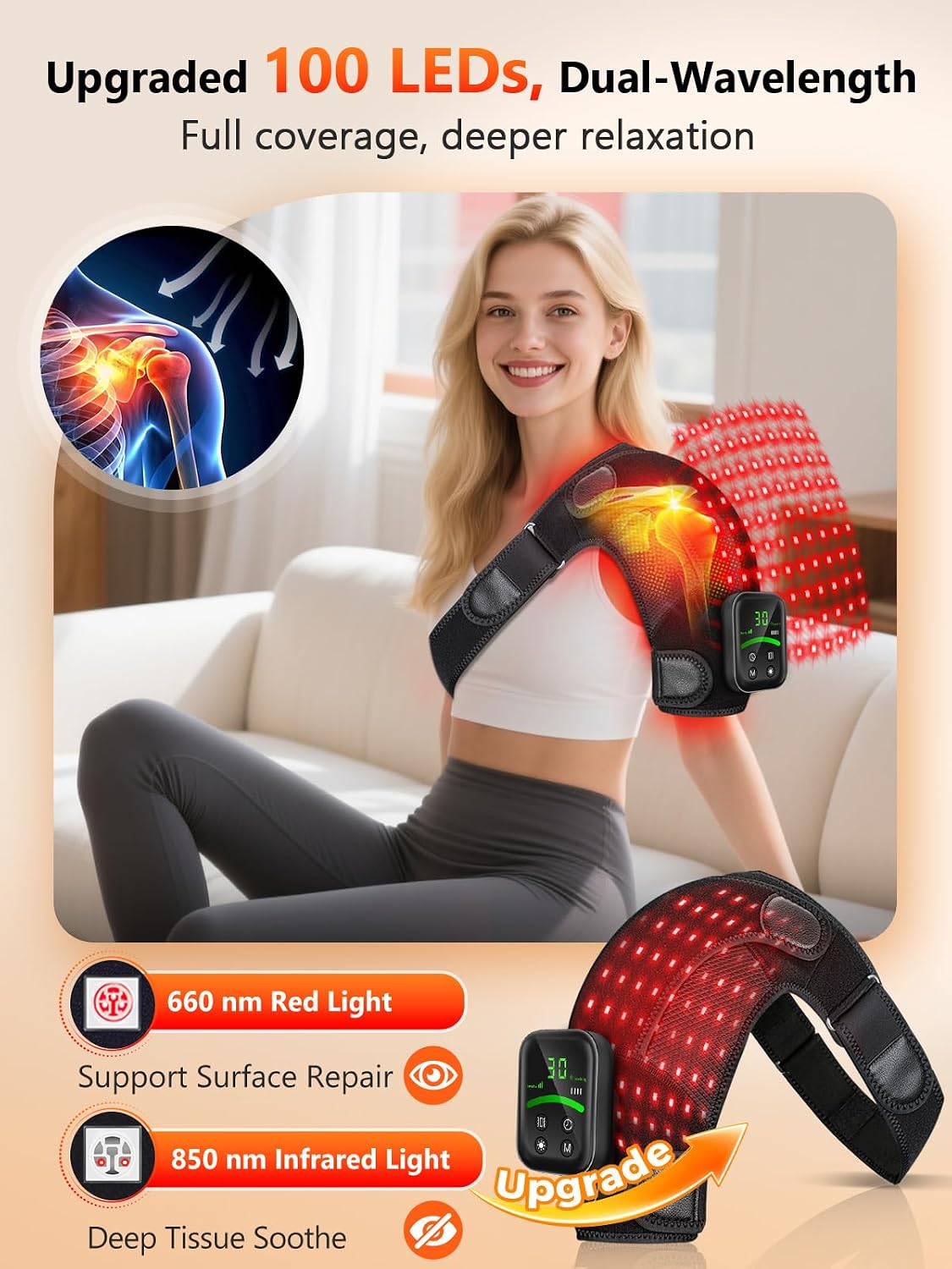 Upgraded Cordless Red Light Therapy for Shoulder with Massage, 5000mAh Controller 100 LEDs Infrared Heated Shoulder Wrap, Ergo Pressure Pad & 2 Extension Straps, Fits Left/Right Shoulders, Black
