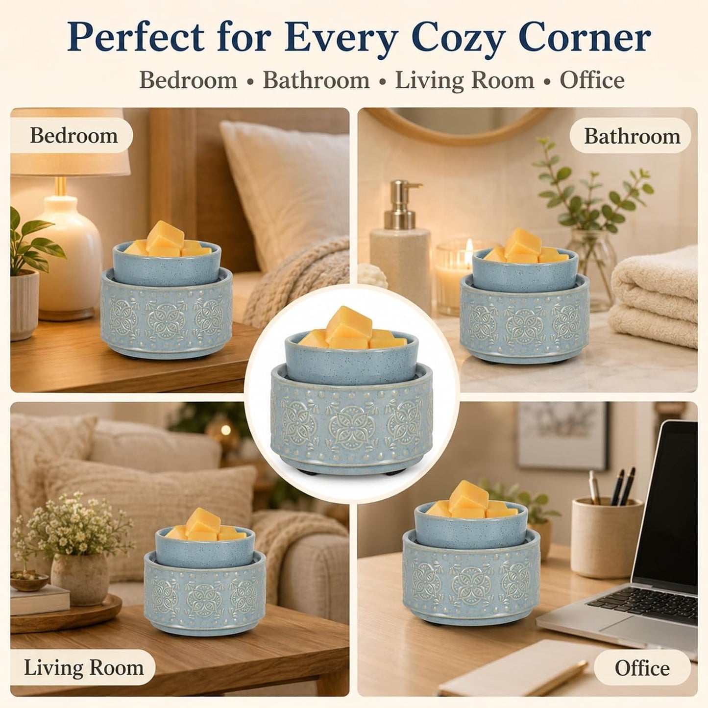 mocosa Ceramic Wax Melt Warmer, 3-in-1 Electric Wax Warmer for Scented Wax Melts, Flameless Candle Wax Burner for Home Fragrance, Bedroom Bathroom Office Decor, Gifts for Women Mom(Beige-Granular)