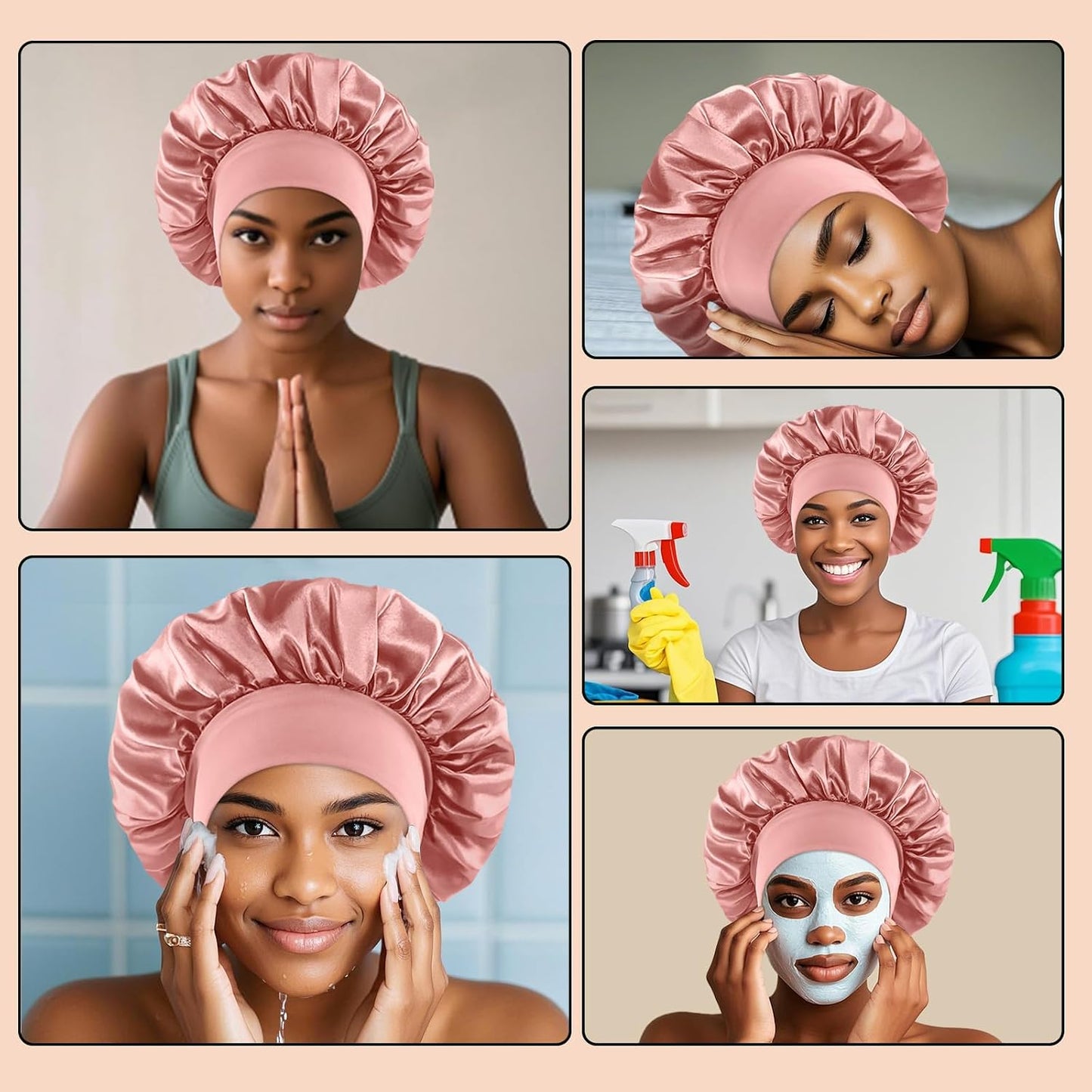 4PCS Silk Satin Bonnets for Black Women & Men - Elastic Wide Band Hair Wrap Cap for Curly Hair - Shower Cap for Sleeping (Black, Peacock Blue, Pink, Khaki)