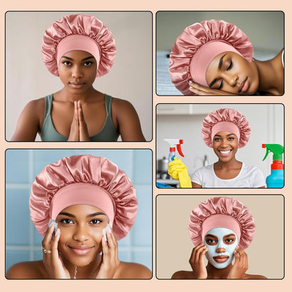 4PCS Silk Satin Bonnets for Black Women & Men - Elastic Wide Band Hair Wrap Cap for Curly Hair - Shower Cap for Sleeping (Black, Peacock Blue, Pink, Khaki)