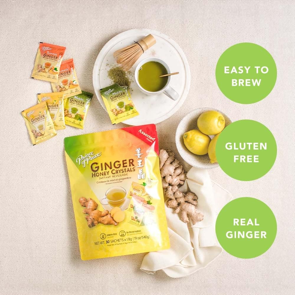 Prince of Peace Instant Ginger Honey Crystals Assorted, 30 Sachets – Instant Hot or Cold Beverage that Soothes Throat – Easy to Brew – Drink Like a Tea – Gluten Free – Real Ginger