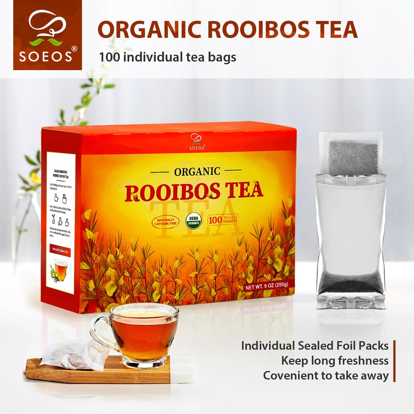 Soeos Organic Rooibos Tea, 100 Teabags, Naturally Caffeine Free, USDA and Non GMO Certify, Smooth and Robust Flavor, Excellent for Hot or Iced Brew, 9oz (250g)