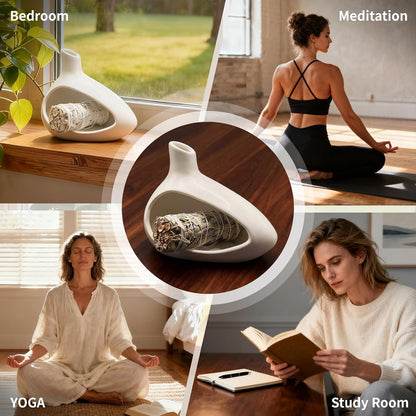 Palo Santo Holder, Ceramic Incense Burner for Sticks Sage Holders Cone Burning Smudge Bowl with Ash Brush for Meditation Yoga Spa Room Decor (White)
