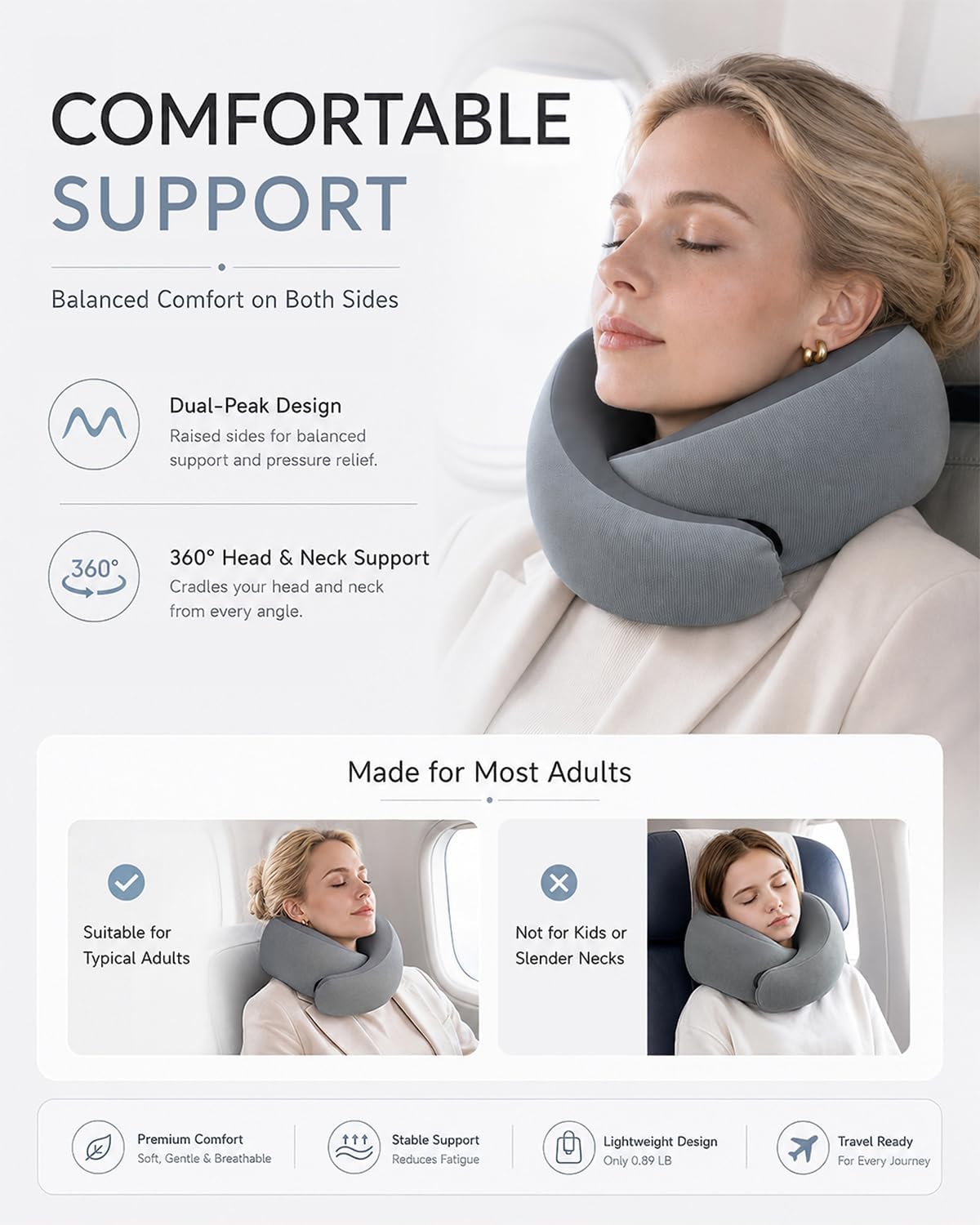 Travel Pillow for Airplane - Memory Foam Neck Travel Pillow with 360° Chin & Neck Support, Dual Raised Sides, Washable Breathable Cover, Compact Travel Bag for Long Flights, Car, Train, Sleeping