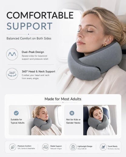 Travel Pillow for Airplane - Memory Foam Neck Travel Pillow with 360° Chin & Neck Support, Dual Raised Sides, Washable Breathable Cover, Compact Travel Bag for Long Flights, Car, Train, Sleeping