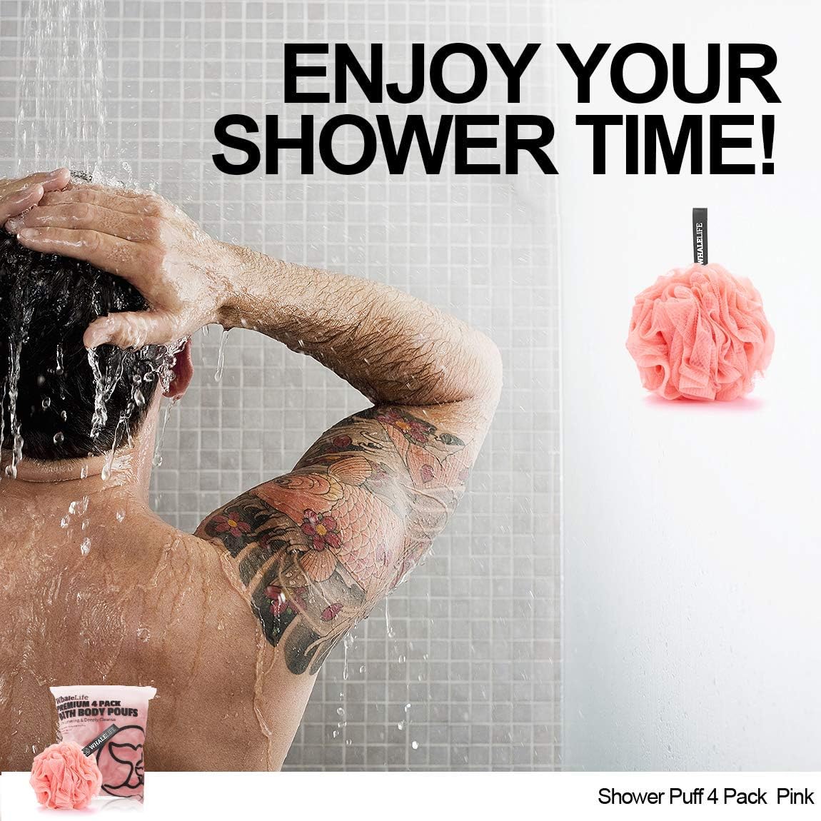 WhaleLife Loofah Bath Sponges - Black Gentle Exfoliating Shower Loofah for Rich Lather, Durable Mesh Body Scrubber for Men & Women 4 Pack