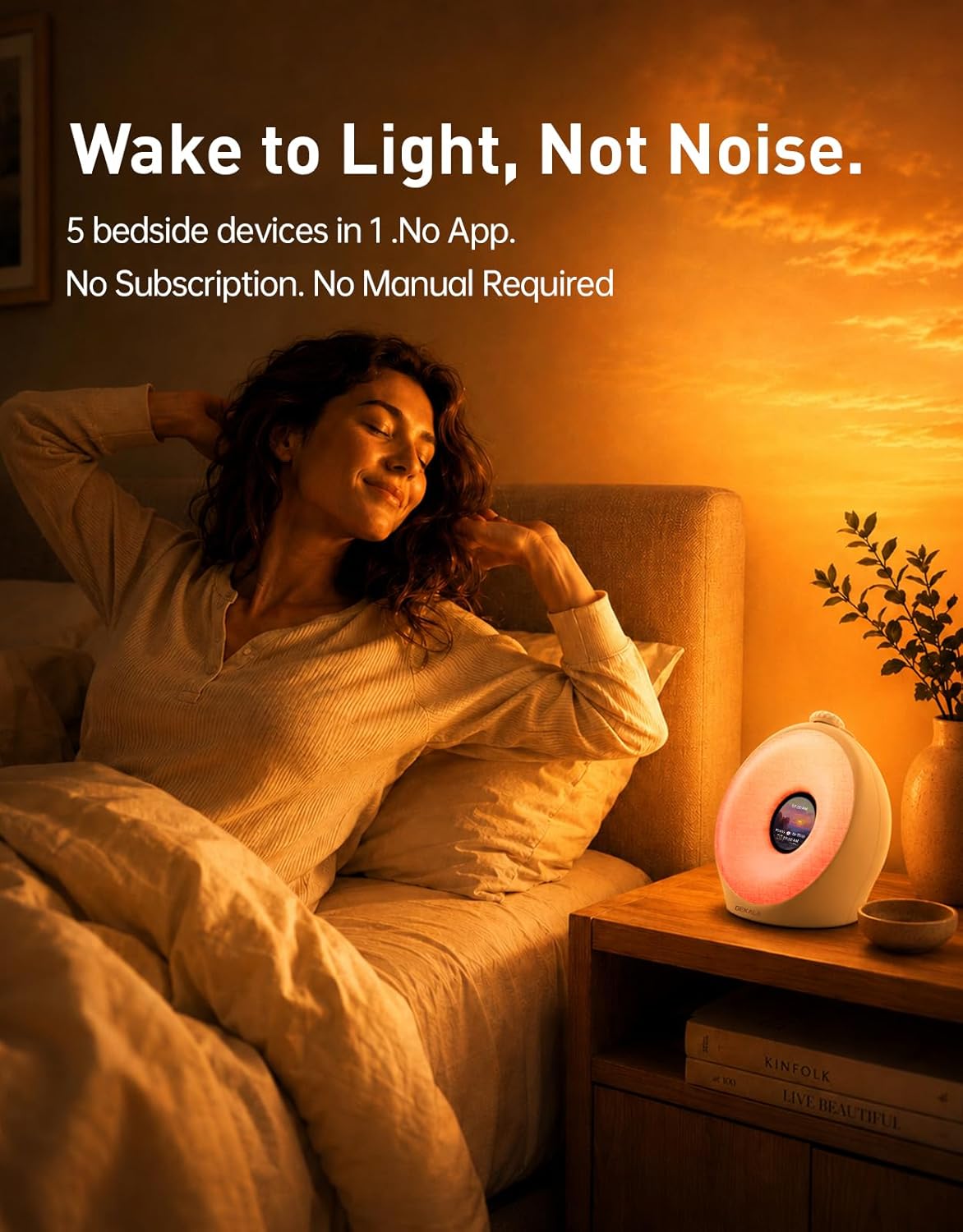 Dekala Sunrise Alarm Clock for Heavy Sleepers with Pulse Wake, Sunset Sound Machine with Breathing Ambient Light, Loud Alarm for Bedrooms, Wake Up Light, Digital Color Display & 7 Themes, No App
