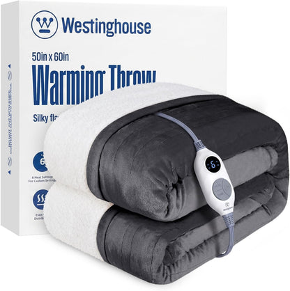 Westinghouse Heated Throw Blanket, Electric Blanket Throw with 6 Heating Levels and 2-10 Hours Time Settings, Flannel to Sherpa Super Cozy Heated Blanket Machine Washable, 50x60 inch, Charcoal