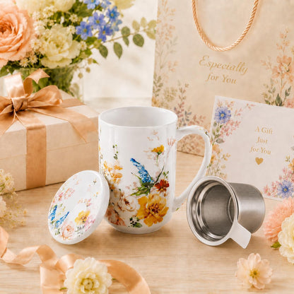 GBhome Tea Mug with Infuser and Lid, 18 Ounce Large Ceramic Loose Leaf Cup, Microwave, Dishwasher Safe, Perfect for Tea Lovers