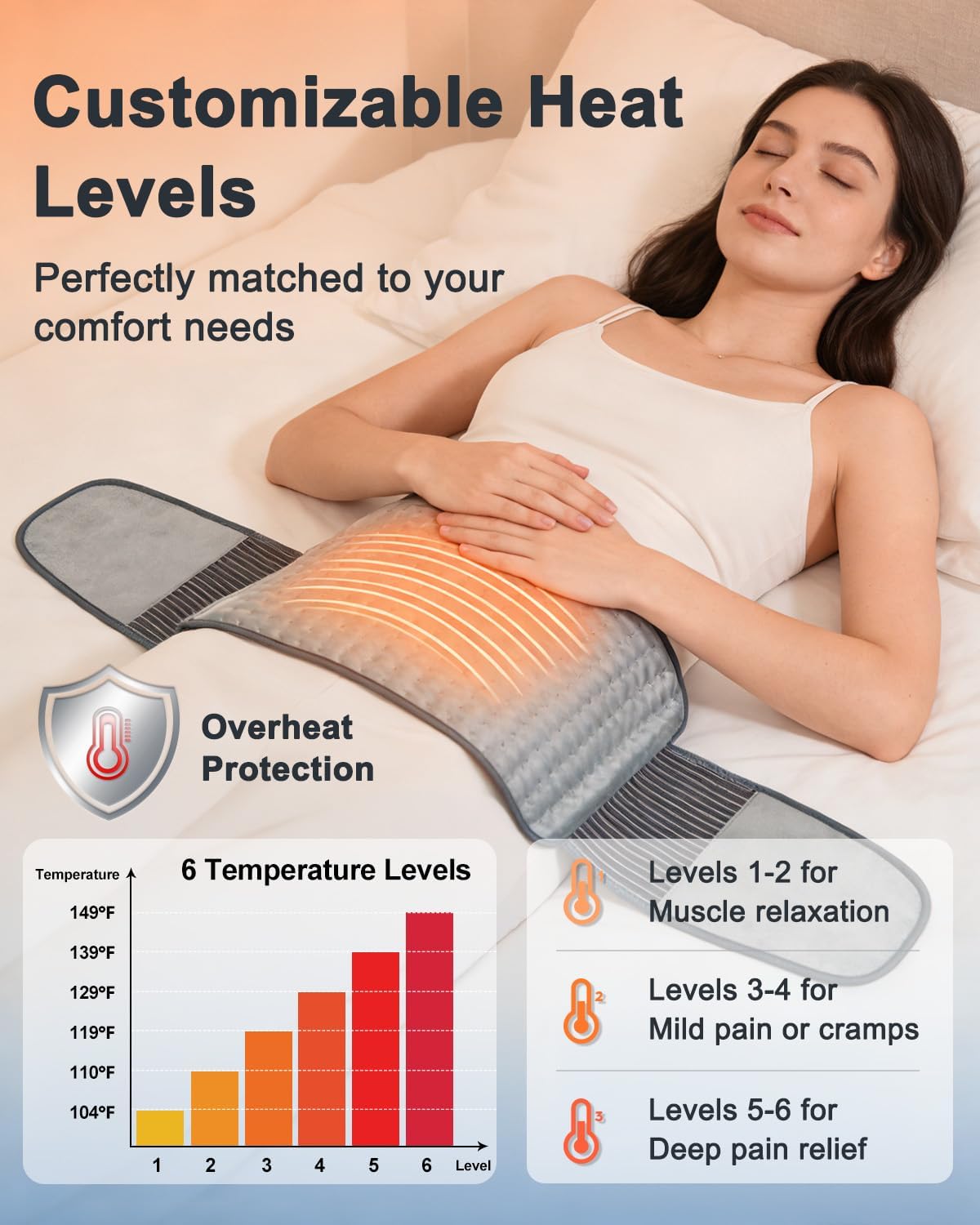 Heating Pad for Back Pain Relief, 12" x 24" + 26" XL Electric Heating Pad for Period Cramps with Loop Fastener for Hands-Free 360 Fit, 4 Timers & 6 Temperatures, Auto Shut-Off, Machine Washable