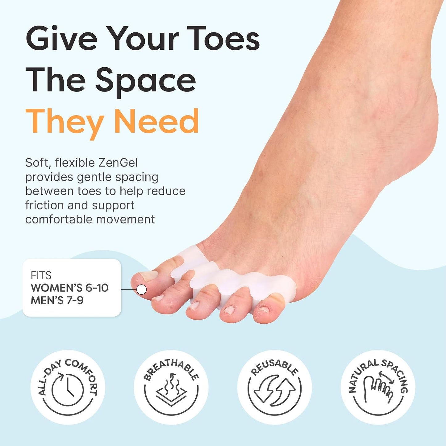 ZenToes Silicone Toe Spacers and Separators for Correct Toe Alignment, Bunion Relief, Hammertoe Straightener, Gel Orthopedic Corrector – 1 Pair (Black)