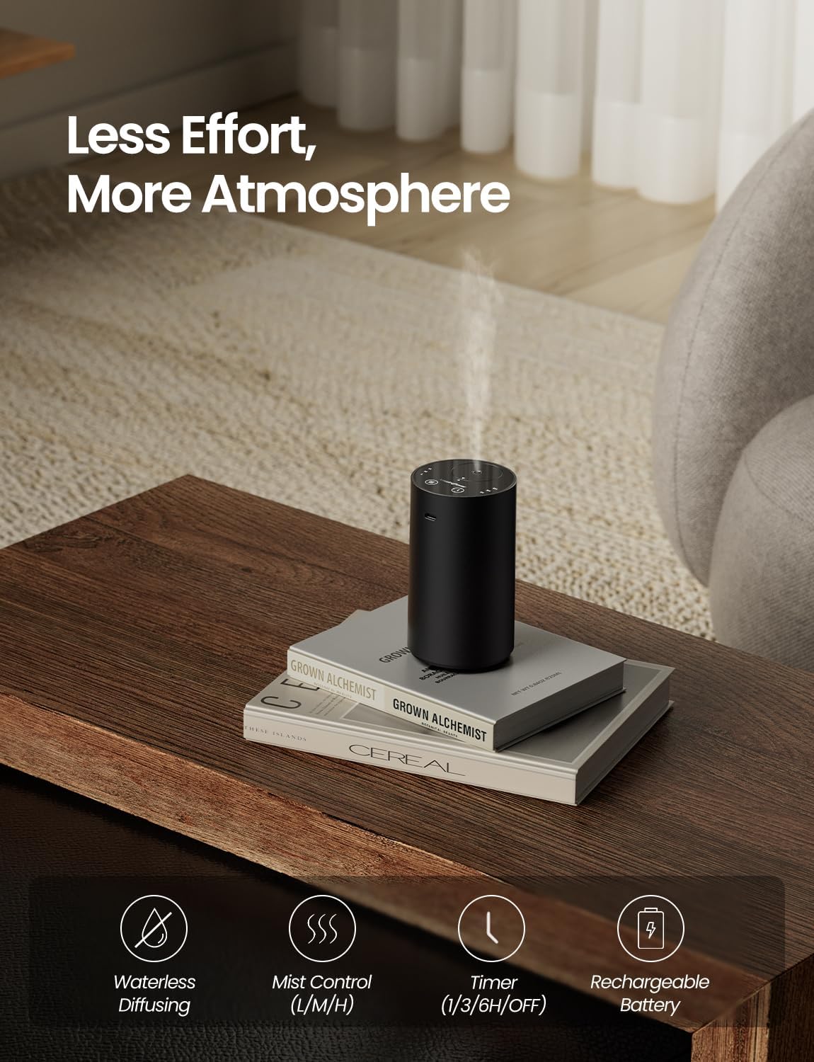 Waterless Essential Oil Diffuser, Rechargeable Scent Diffusers with 3 Mist Levels & Timers, Portable Aromatherapy Diffuser for Home Car Room Studio Office, Black Metal