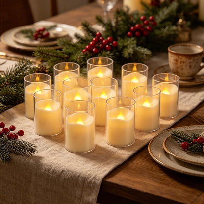 24 Pcs LED Flameless Candles with Remote, 3D Flickering Flame & LED String Lights, Acrylic Clear Cylinder, Timer Function, Romantic Ambience for Home Decor, Party, Wedding (Ivory).