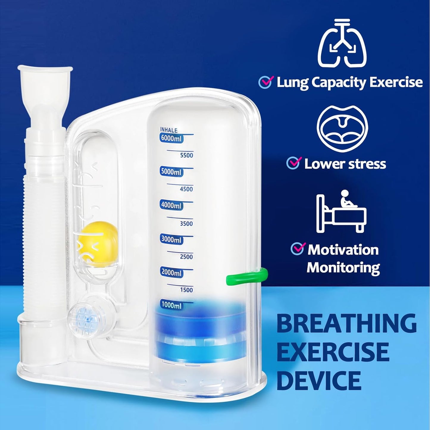 Breathing Exercise Device for Lungs, Lung Exerciser Device – 5000ml Volumetric Deep Breathing Trainer with Flow Rate Indicator for Respiratory Health & Recovery
