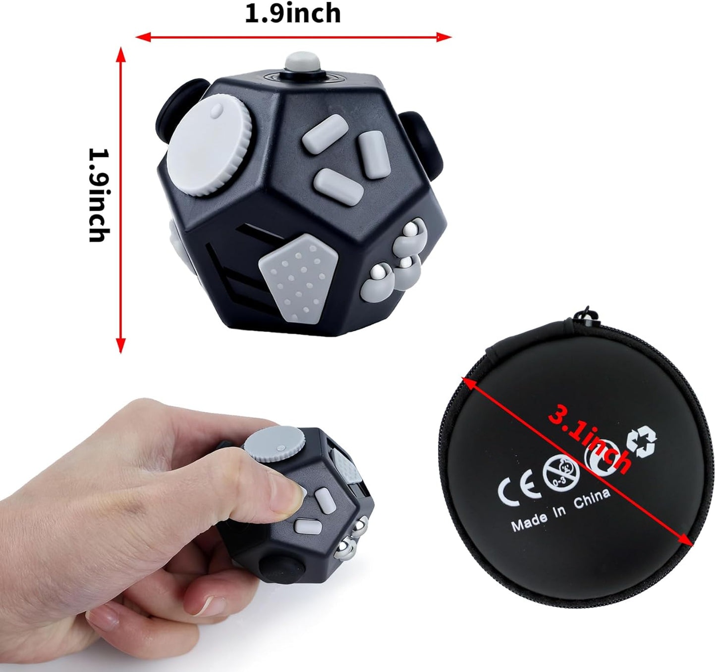 Small Fidget Toys Cube, Small Fidget Toy - 12 Sides Decompression Cube Anti Anxiety and Relief Stress Improve Focus Creative Unique Fidget Toy for Kids and Adults, with Carry Case(Black E1)