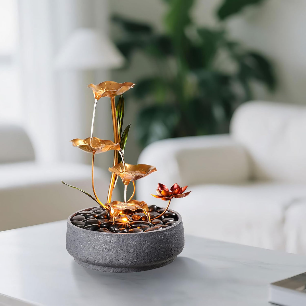 Haobos Indoor Tabletop Fountain Exquisite Meditation Desk Water Fountain Decorative Zen,4-Tier Lotus Desk Fountain,Home/Office Decor Housewarming Gift for Mom（23154）