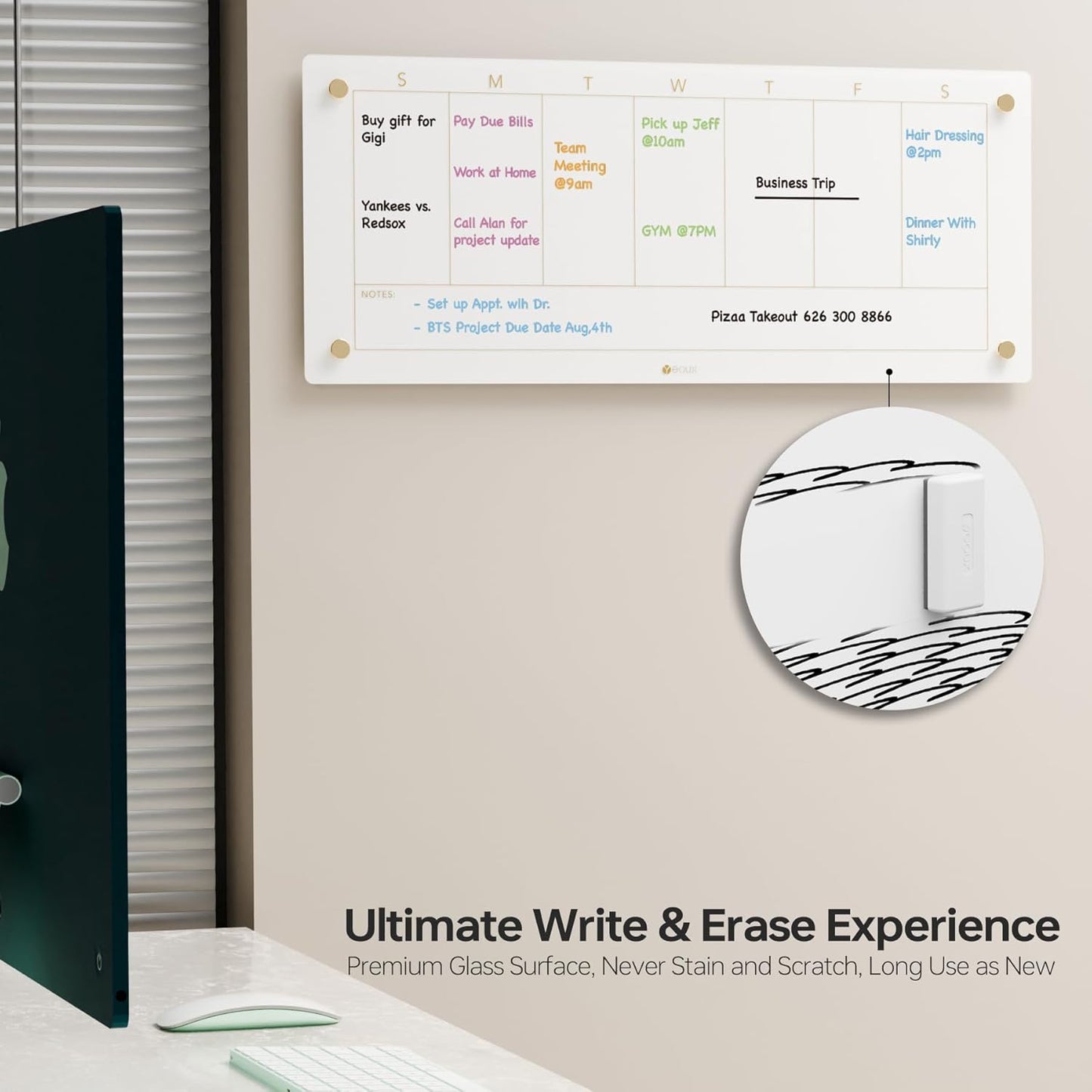 Black Glass Golden Weekly Dry Erase Calendar & Menu Whiteboard for Wall, Meal Planning & Grocery Shopping List White Board for Kitchen & Home, 15x11, 4 Wet Erase Markers Included, Yeoux