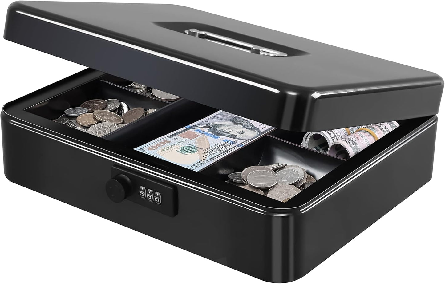 KYODOLED Cash Box with Combination Lock Safe Metal Money Box with Money Tray for Security Lock Box 7.87"x 6.30"x 3.35" Black