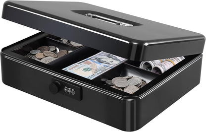 KYODOLED Cash Box with Combination Lock Safe Metal Money Box with Money Tray for Security Lock Box 7.87"x 6.30"x 3.35" Black