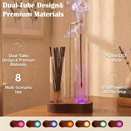 Glowing Glass Incense Holder - 2-in-1 Double Tube Incense Stick Holder with Ash Catcher for Palo Santo, Sage & Meditation - Aesthetic Zen Home Decor for Spa, Yoga & Relaxationn