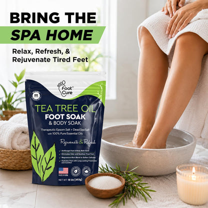 FOOT CURE Tea Tree Oil Foot Soak with Epsom Salt - Best Toenail Fungus Treatment, Athletes Foot & Softens Calluses - Soothes Sore & Tired Feet, Fungal Toe, Foot Odor Scent, Spa Pedicure (Pack of 2)