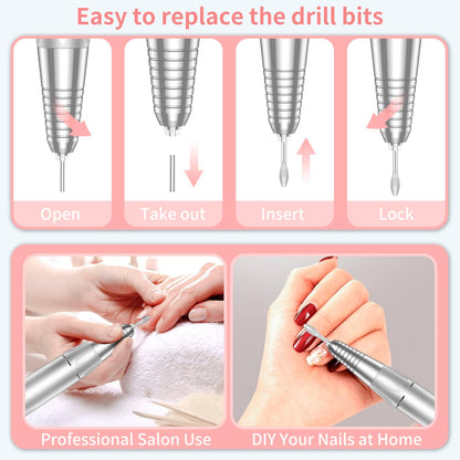 MOCOWIND Portable Nail Drill Professional 35000 RPM, Rechargeable Electric Nail File Machine Cordless E-File for Acrylic Gel Polishing Removing with Bits Kit for Manicure Salon Home, Pink