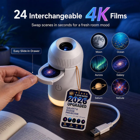 HD Smart Dynamic 5D Holographic Night Light Projector, Plug and Play 2-in-1 Galaxy Star and Ocean Projector with 24 Films, 360 Rotating USB Powered Ceiling Light for Bedroom Decor (With 3 Films)