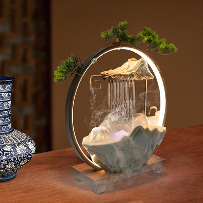 Mini Artificial Bonsai Tree Waterfall Fog Feature Rock Tabletop Fountain | 11in Desktop Decor Waterfall Fountain W/ Water Pump& Atomizer&LED Lights &Fake Tree Office Bedroom Relax