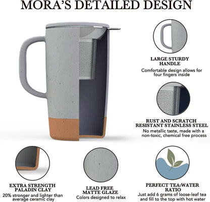 Mora Ceramics Large Tea Mug with Loose Leaf Infuser and Ceramic Lid, 18 oz, Portable, Microwave and Dishwasher Safe, Tall Coffee Cup - Rustic Matte Ceramic Glaze, Modern Herbal Tea Strainer, Olive