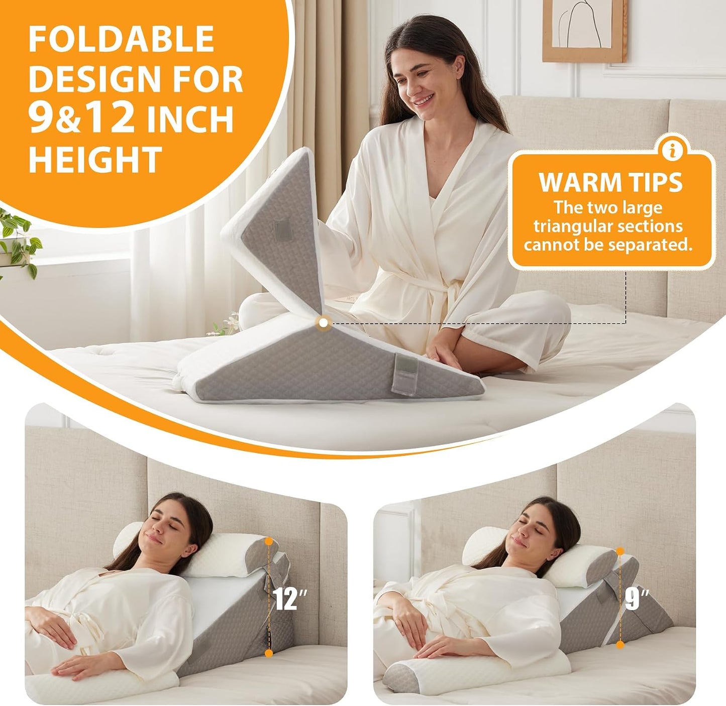 Ruqmuis 3PCS Wedge Pillow Set for After Surgery, Adjustable 9&12 Inch Bed Wedge Pillow for Sleeping, Incline Pillow Wedge for Headboard, Post Surgery, Acid Reflux, Neck&Back Support, White/Grey