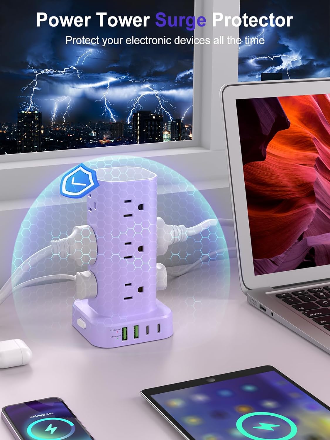 6FT Power Strip Tower Surge Protector, 12 Wide Spaced Outlets, 4 USB