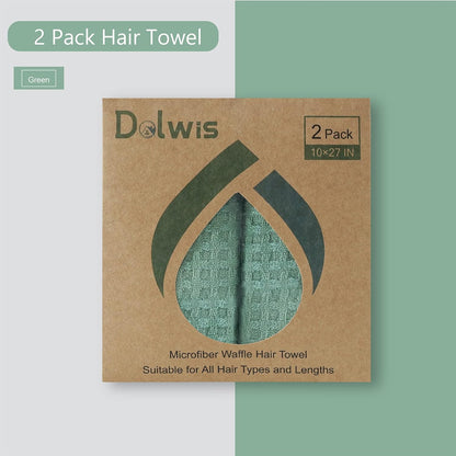 Dolwis Microfiber Hair Drying Towel - 2Packs Waffle Long Hair Head Turban Wraps Terry Cloth Fast Absorbent Dry Anti Frizz Twist Plopping Curly Shower Turban for Women Wet Hair (Green)